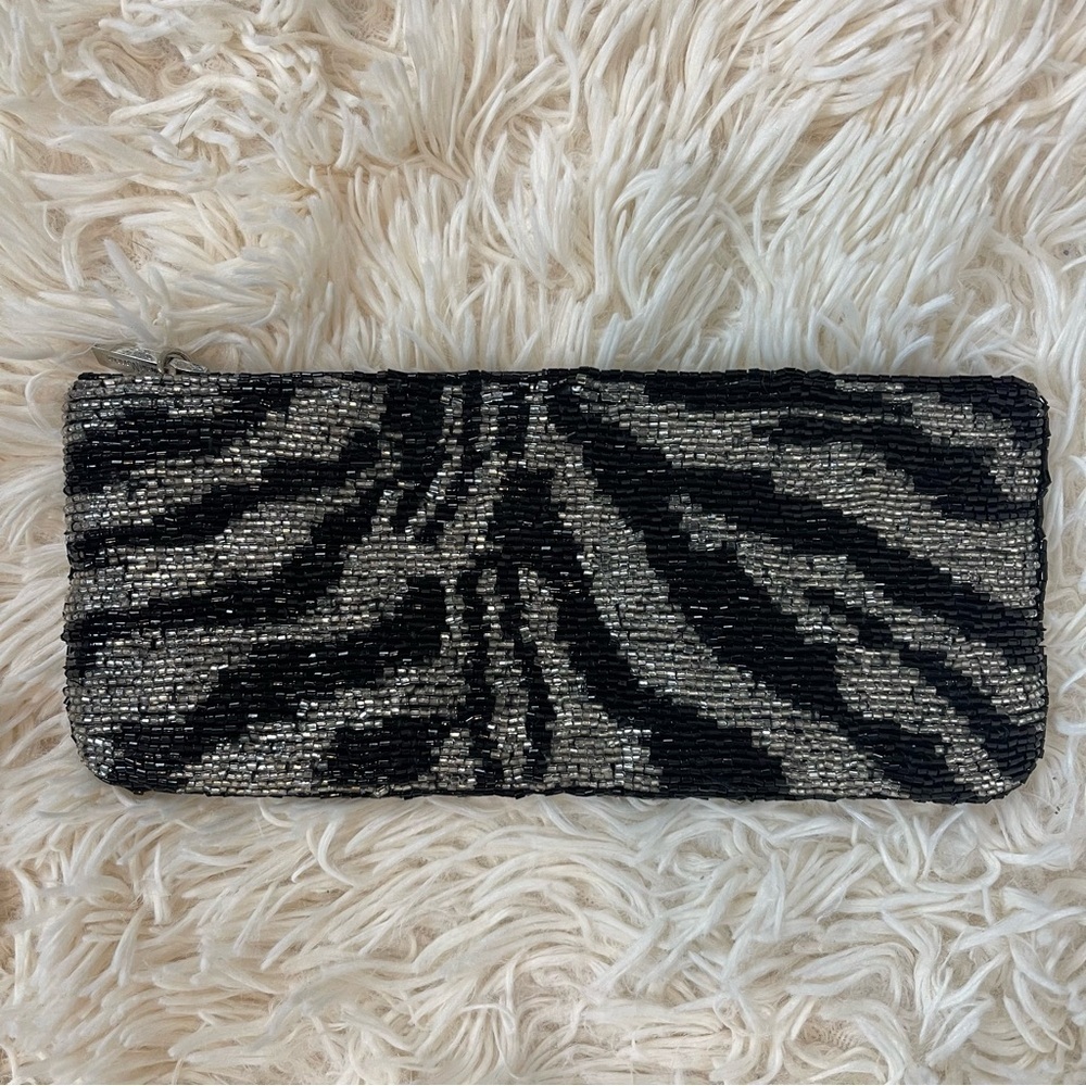 Beaded Neiman Marcus Mini Clutch with Zipper 8”x 3” zebra print